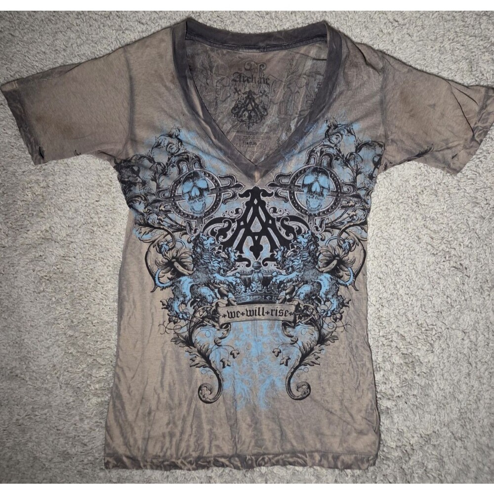Affliction Y2K Women’s Large Graphic T-Shirt Gray Blue Skull Cross Gothic